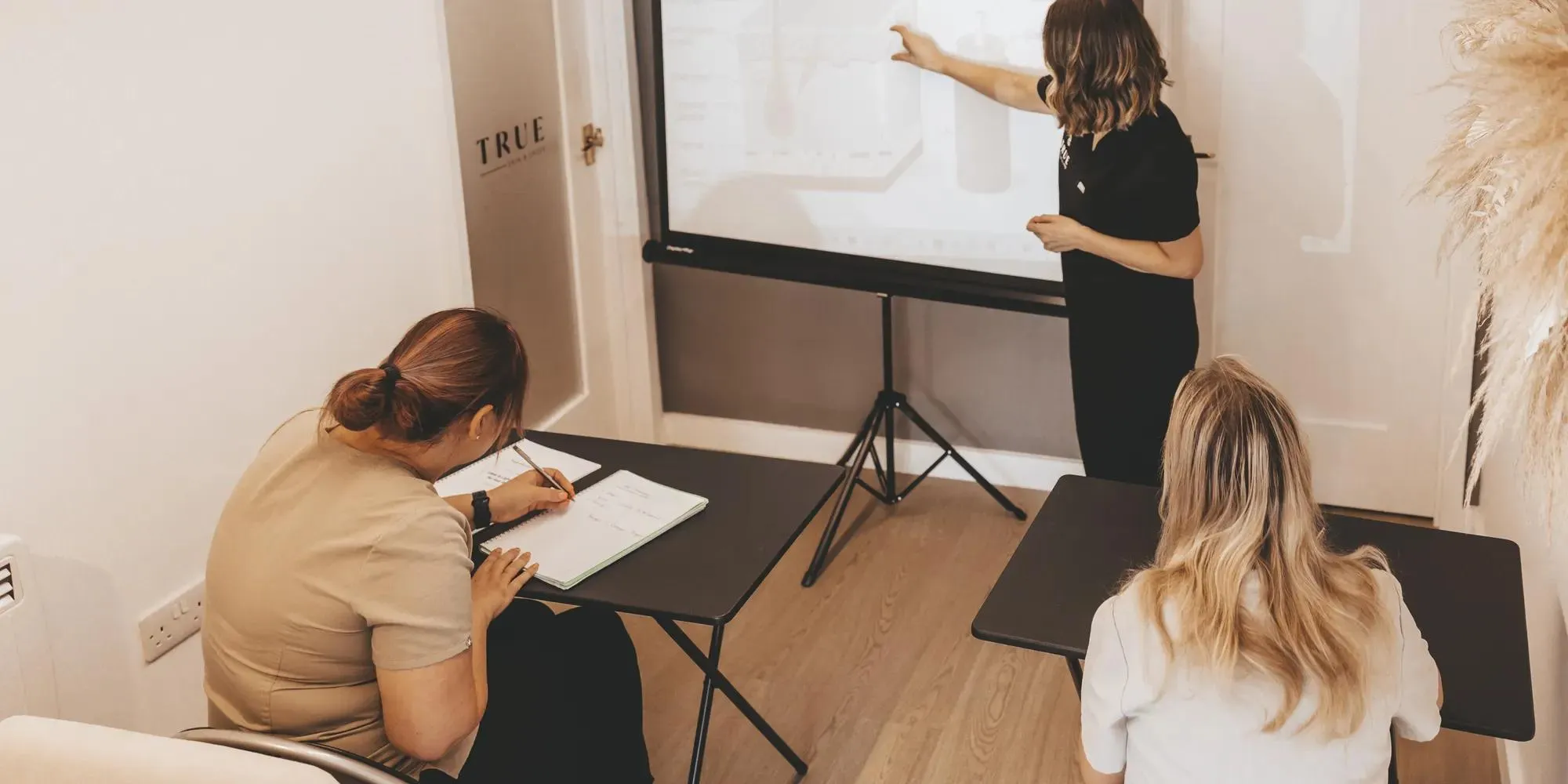 Sarah explaining a diagram at the screen while two students work at their desks